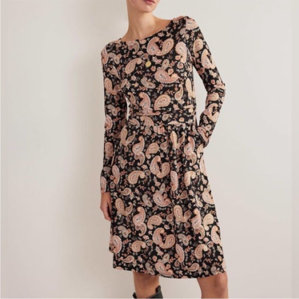 Boden Abigail Jersey Brown and Cream Paisley A-Line Dress Sz6